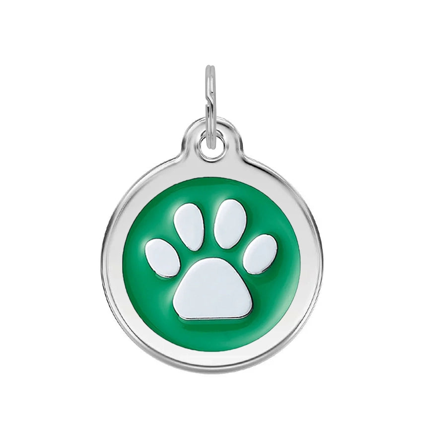 Silver Round Paw Dog Tag - Green