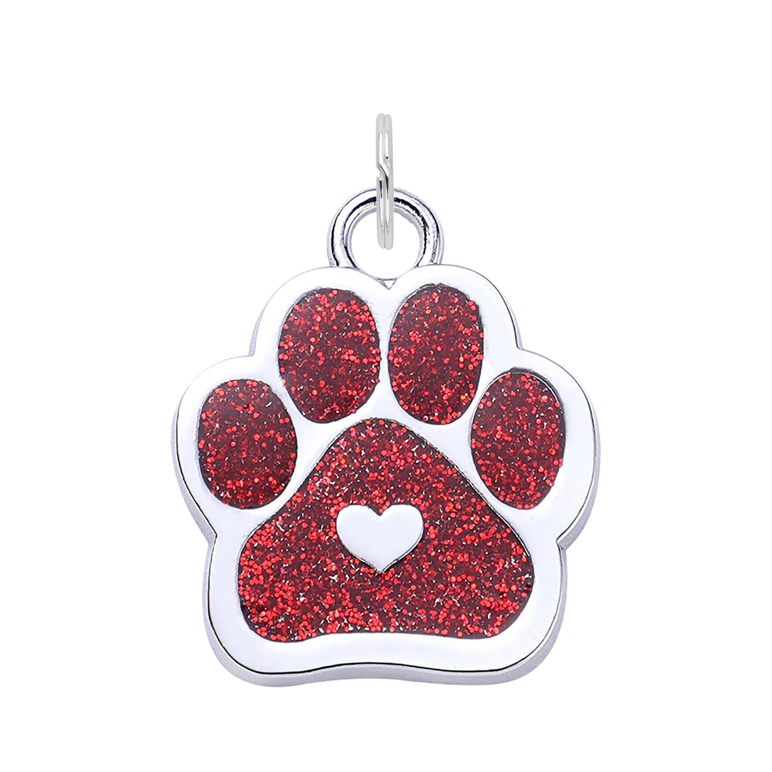 Silver Glitter Paw Dog Tag - Red