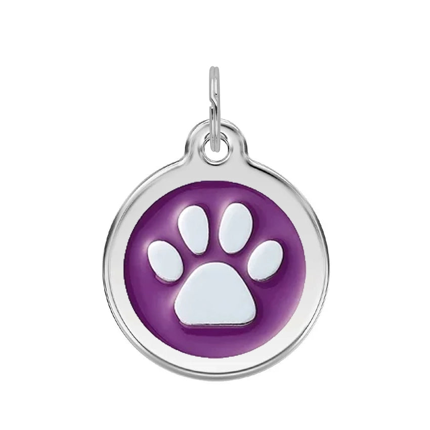 Silver Round Paw Dog Tag - Purple