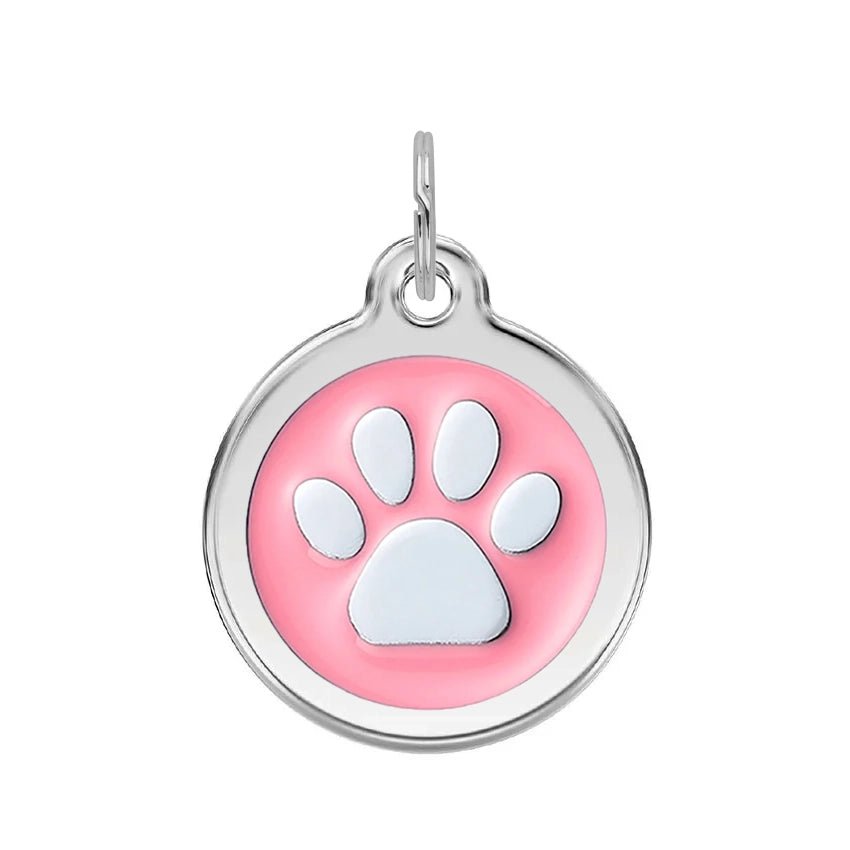 Silver Round Paw Dog Tag - Pink