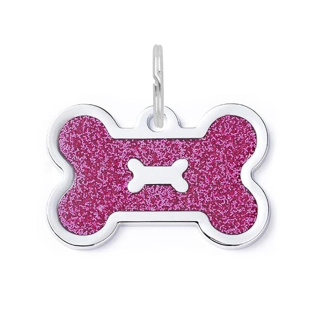 Silver Glitter Bone Dog Tag - Fuchsia