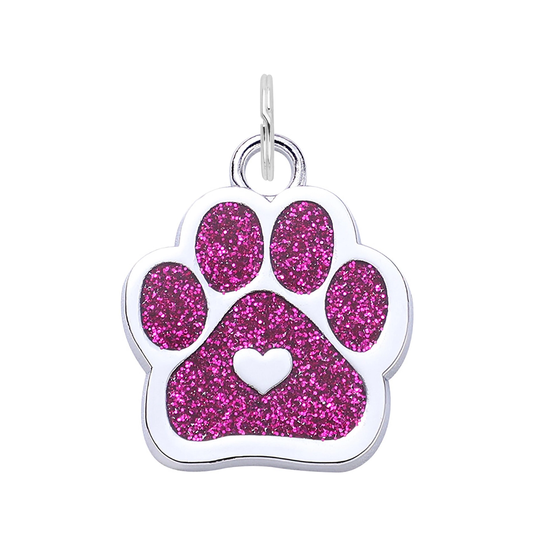 Silver Glitter Paw Dog Tag - Fuchsia