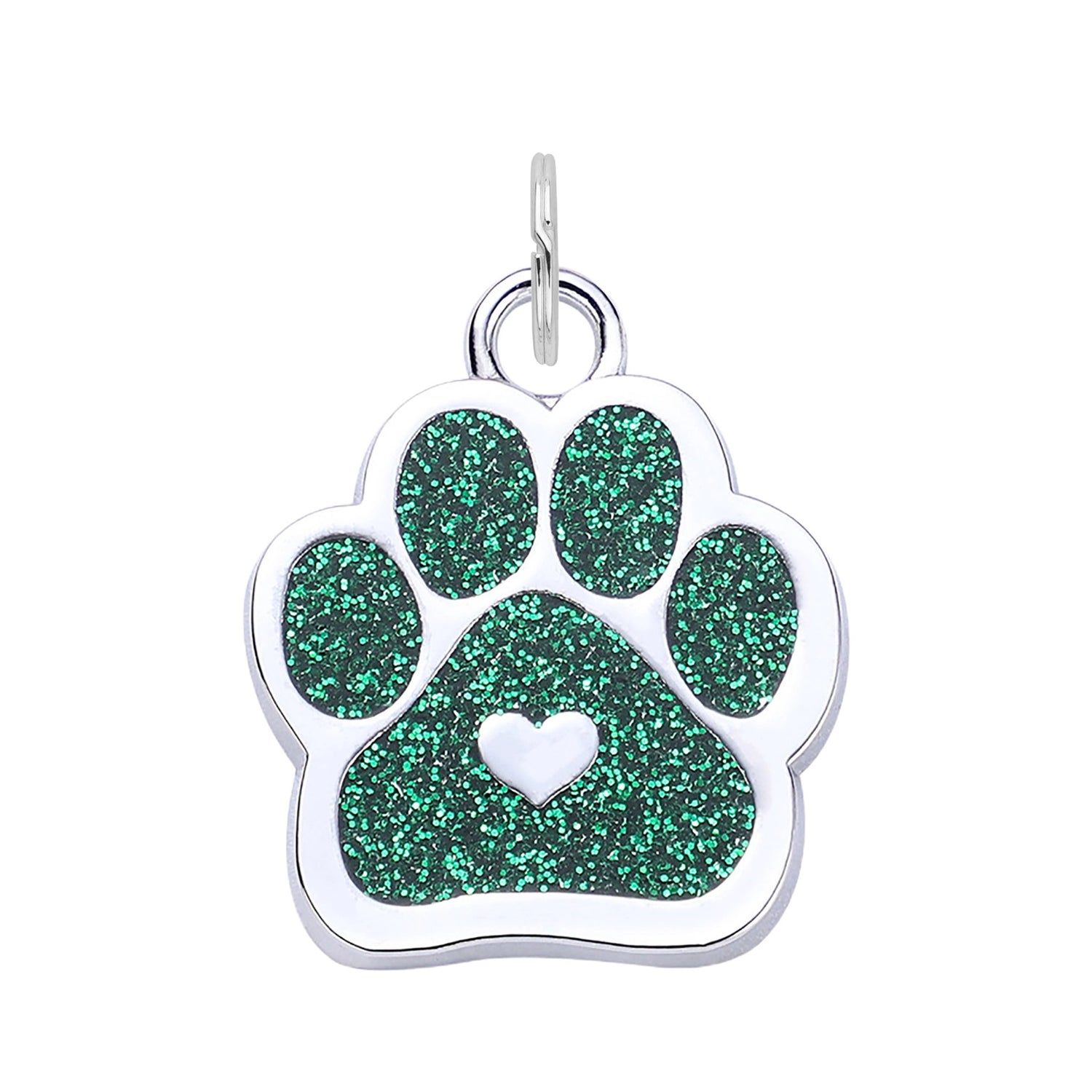 Silver Glitter Paw Dog Tag - Green