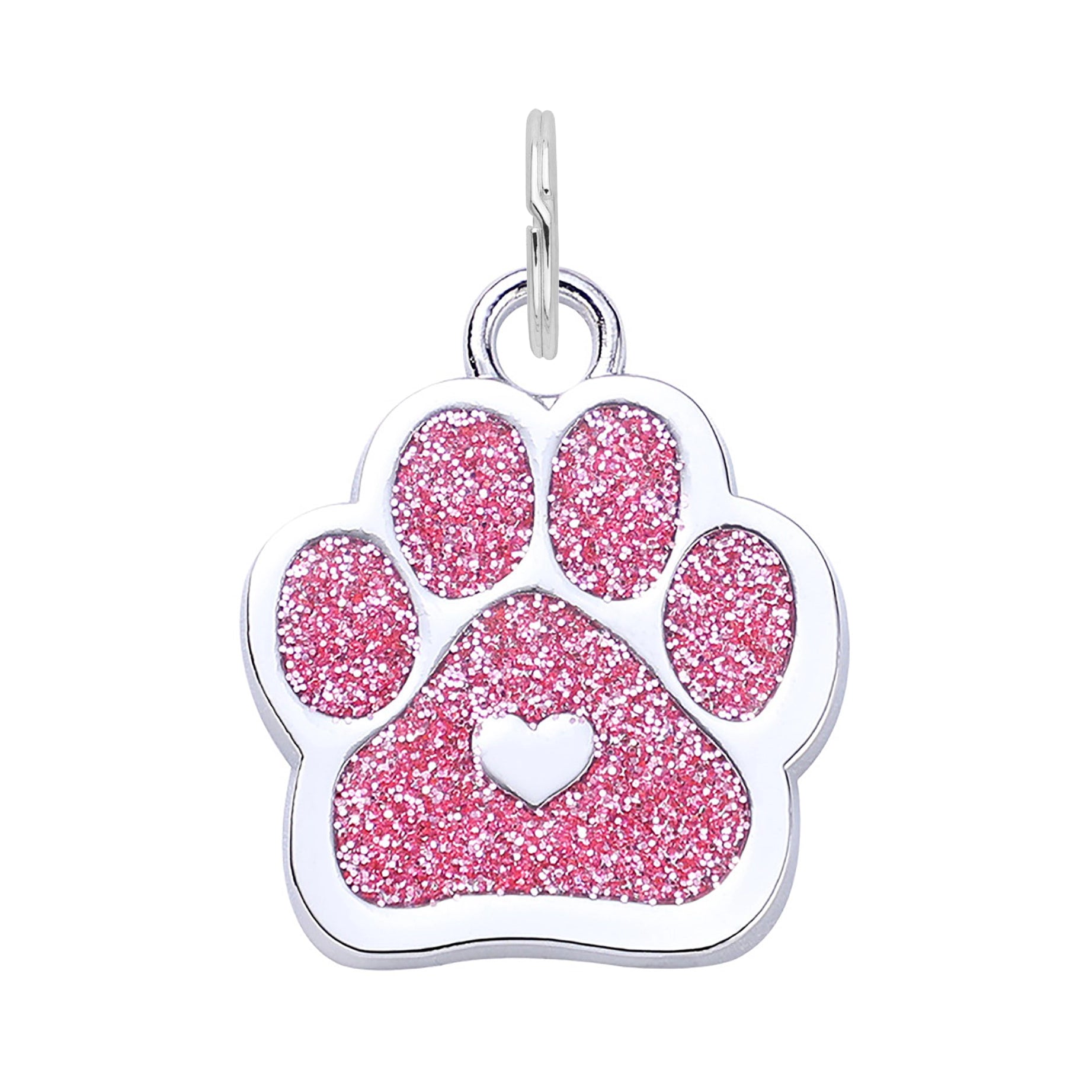 Silver Glitter Paw Dog Tag - Pink