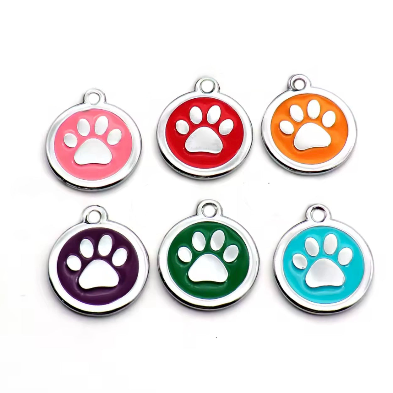 Silver Round Paw Dog Tag - Green