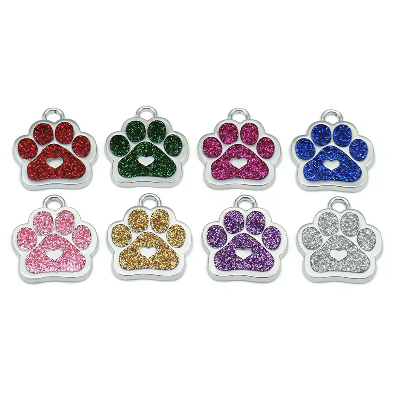 Silver Glitter Paw Dog Tag - Fuchsia