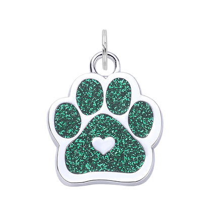 Silver Glitter Paw Dog Tag - Green
