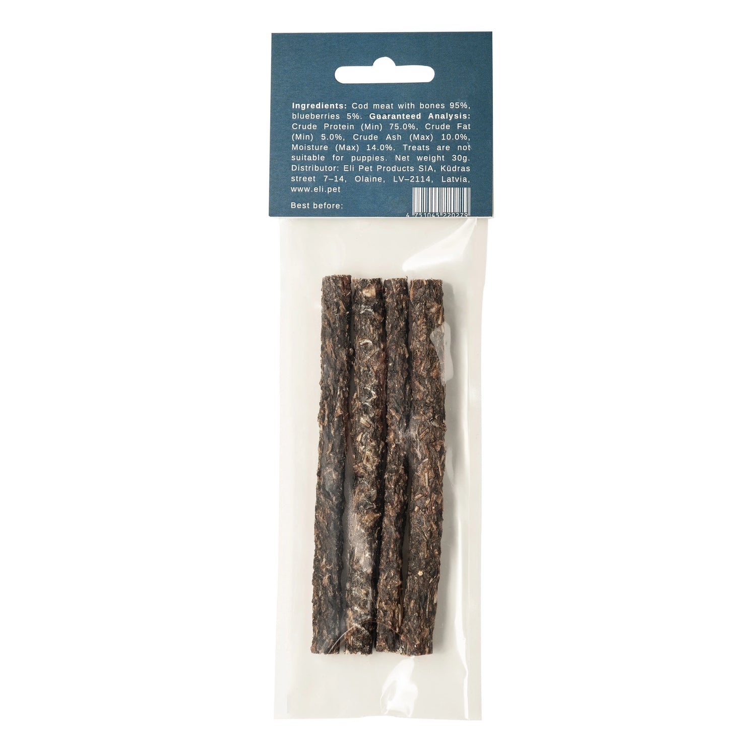 Getrocknete Kabeljau-Sticks mit Heidelbeeren (3 Sticks)