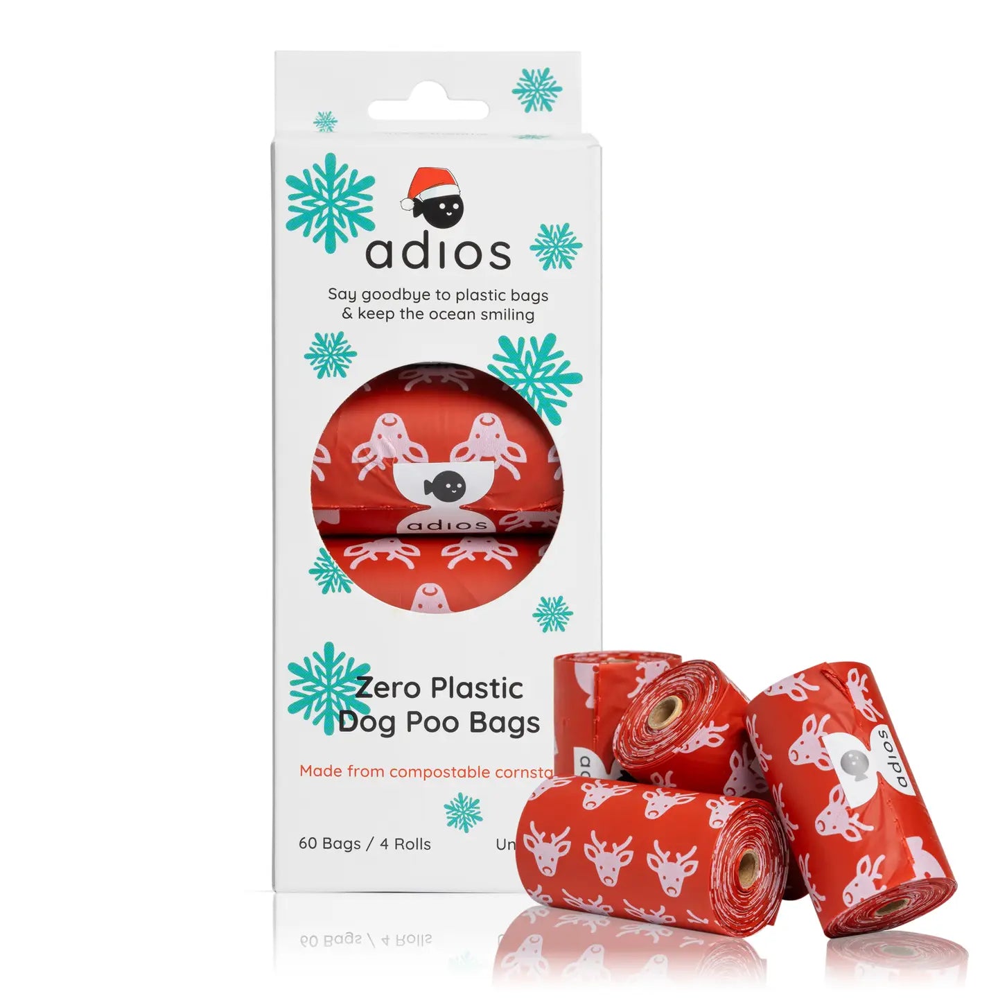 Compostable Dog Poo Bags - 4 Rolls Reindeer Red