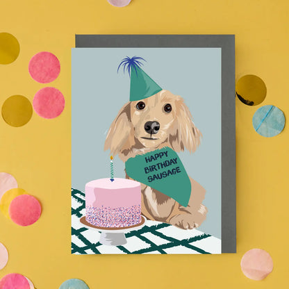 Tarjeta de feliz cumpleaños con perro salchicha