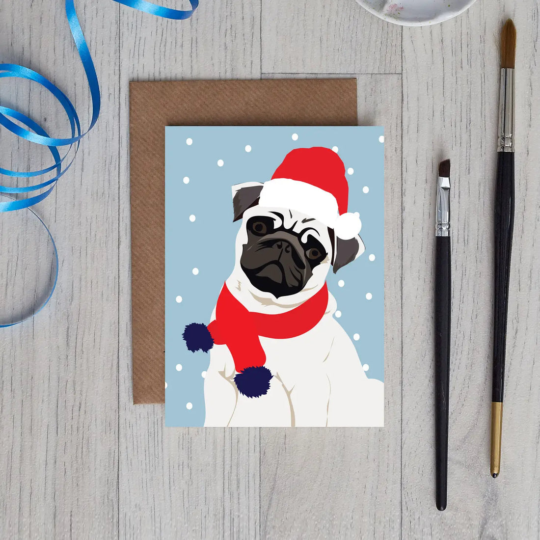 Pug Santa Hat and Scarf Christmas Card