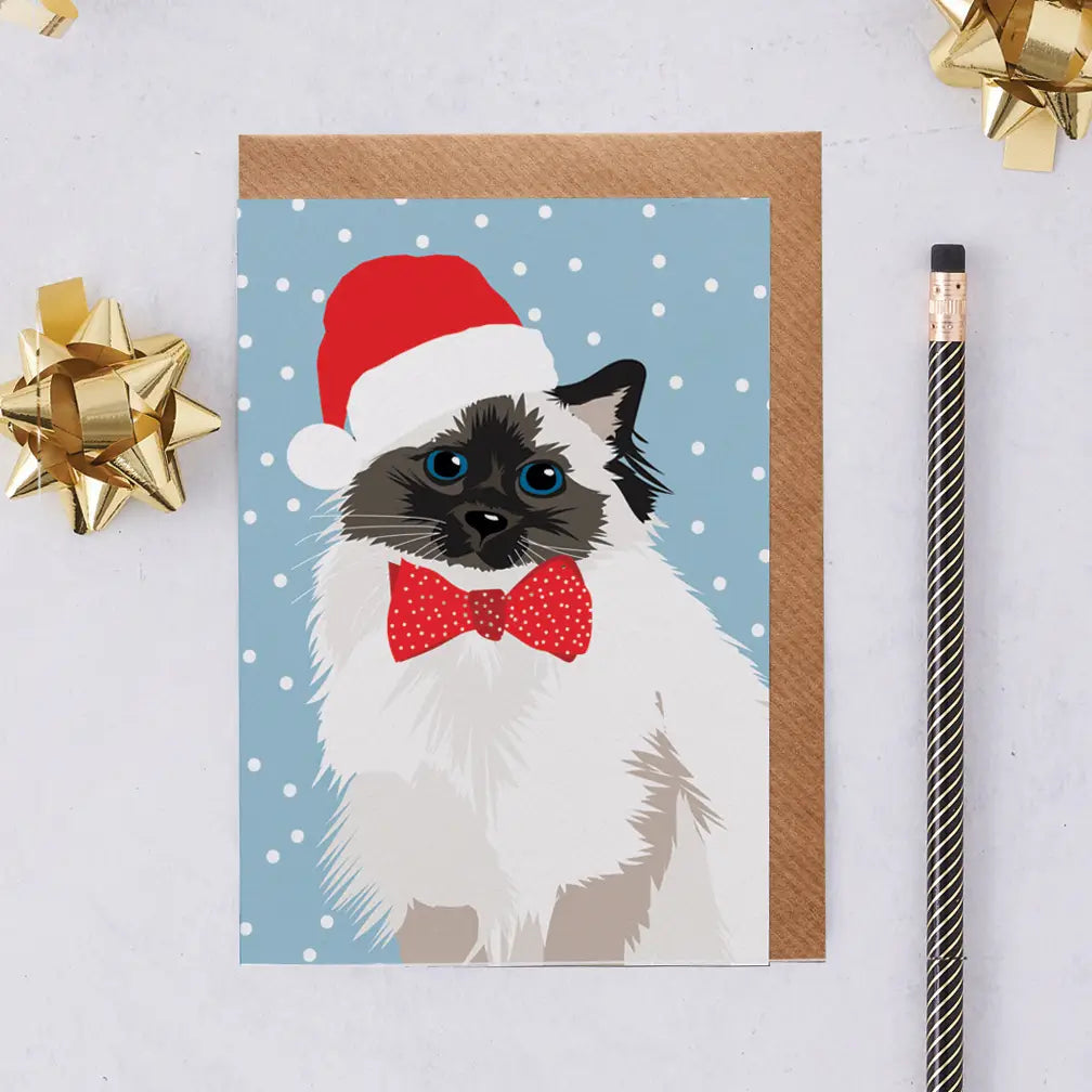 Persian Cat in Santa Hat Christmas Card