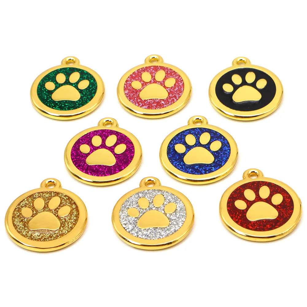 Round Glitter Paw Dog Tag - Gold