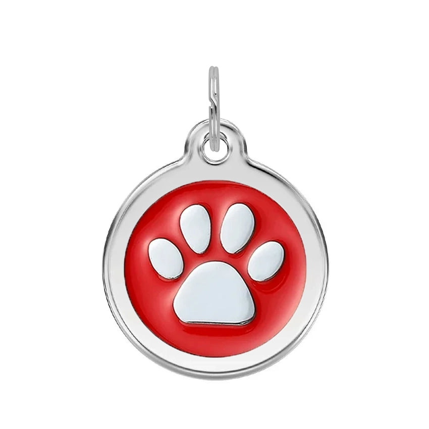 Silver Round Paw Dog Tag - Red
