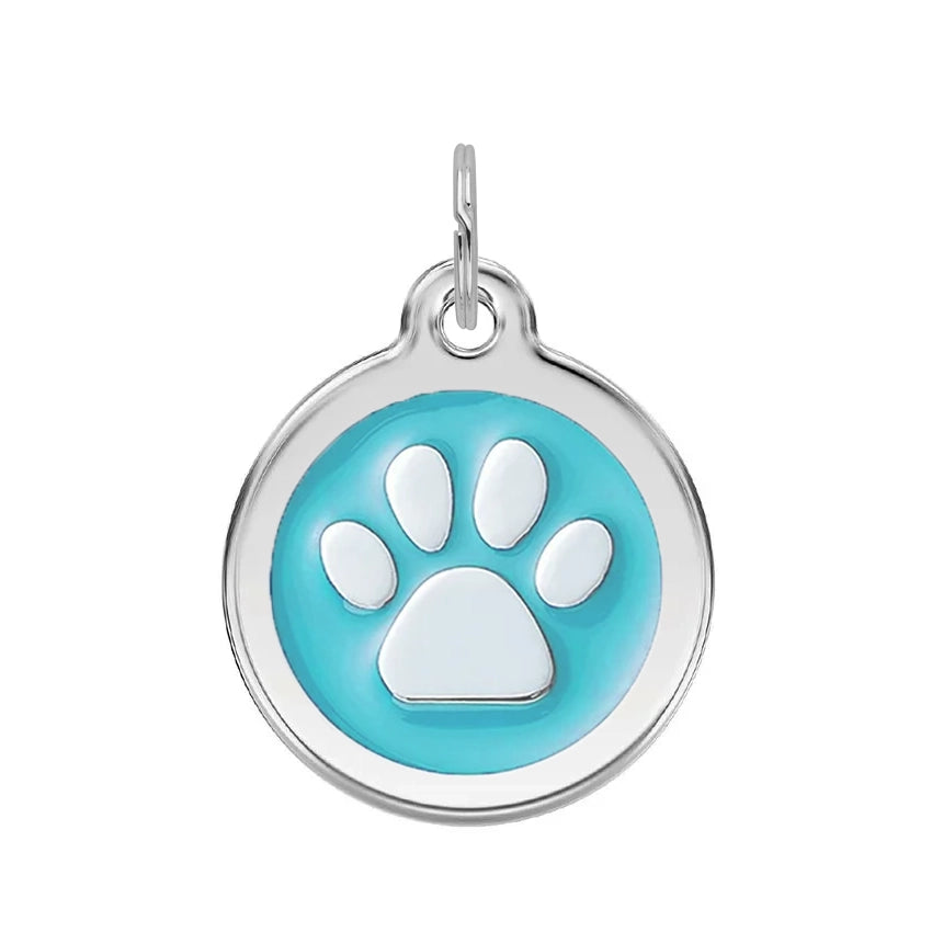 Silver Round Paw Dog Tag - Turquoise
