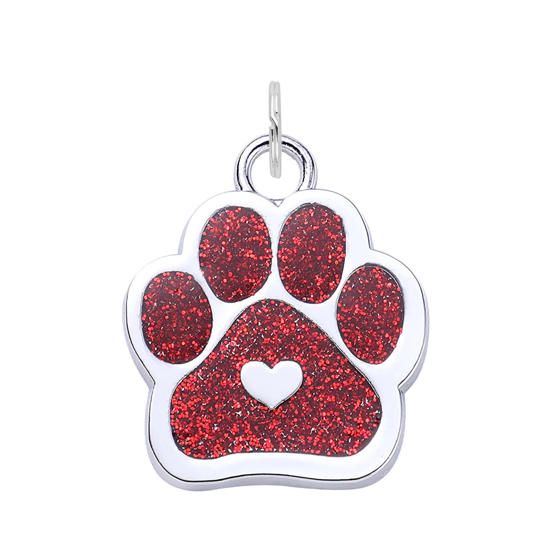 Silver Glitter Paw Dog Tag - Red